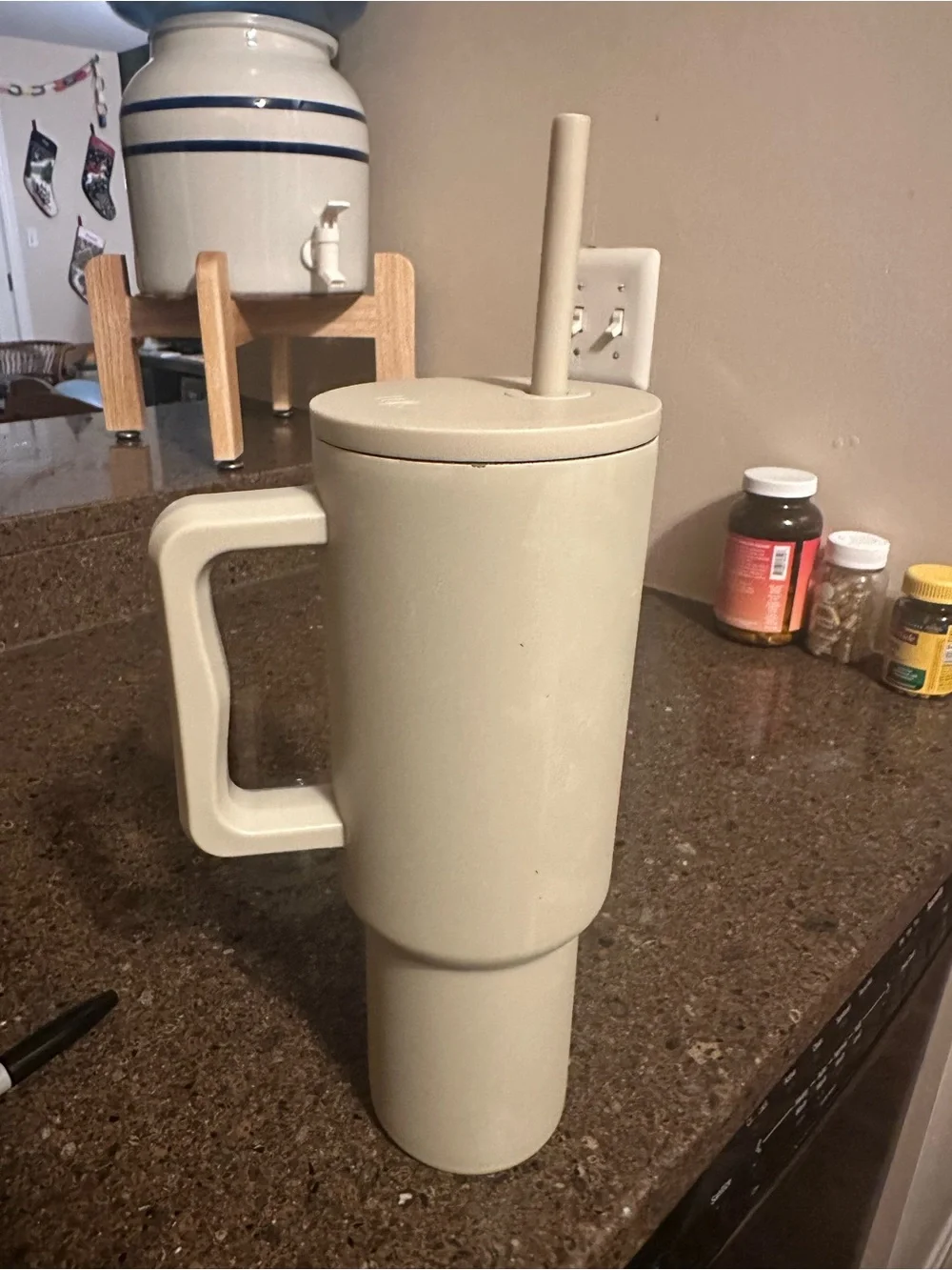 Insulated Sand colored Travel Tumbler with Handle and Straw